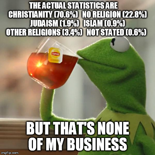 But That's None Of My Business Meme | THE ACTUAL STATISTICS ARE       CHRISTIANITY (70.6%)
  NO RELIGION (22.8%)
  JUDAISM (1.9%)
  ISLAM (0.9%)
  OTHER RELIGIONS (3.4%)
  NOT ST | image tagged in memes,but thats none of my business,kermit the frog | made w/ Imgflip meme maker