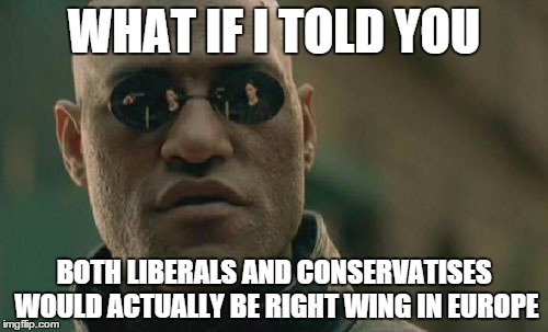 Matrix Morpheus | WHAT IF I TOLD YOU BOTH LIBERALS AND CONSERVATISES WOULD ACTUALLY BE RIGHT WING IN EUROPE | image tagged in memes,matrix morpheus | made w/ Imgflip meme maker