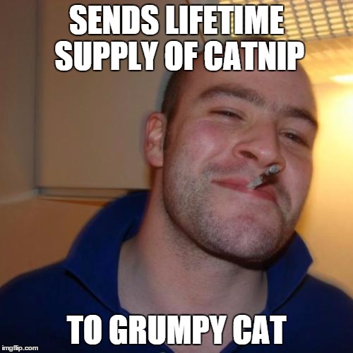 Good Guy Greg Sends Present to Grumpy Cat | SENDS LIFETIME SUPPLY OF CATNIP TO GRUMPY CAT | image tagged in memes,good guy greg,grumpy cat | made w/ Imgflip meme maker