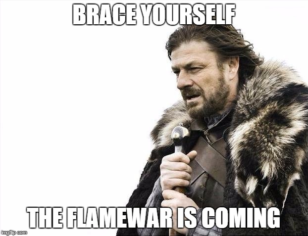 Brace Yourselves X is Coming Meme | BRACE YOURSELF THE FLAMEWAR IS COMING | image tagged in memes,brace yourselves x is coming | made w/ Imgflip meme maker