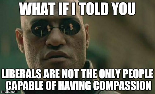 Matrix Morpheus Meme | WHAT IF I TOLD YOU LIBERALS ARE NOT THE ONLY PEOPLE CAPABLE OF HAVING COMPASSION | image tagged in memes,matrix morpheus | made w/ Imgflip meme maker