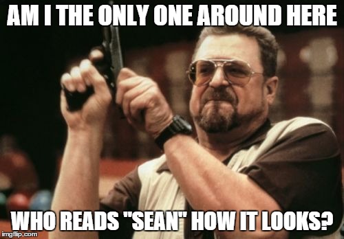 Am I The Only One Around Here Meme | AM I THE ONLY ONE AROUND HERE WHO READS "SEAN" HOW IT LOOKS? | image tagged in memes,am i the only one around here | made w/ Imgflip meme maker