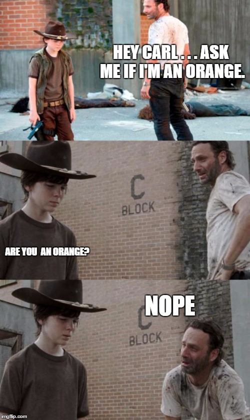 Rick and Carl 3 | HEY CARL . . . ASK ME IF I'M AN ORANGE. ARE YOU  AN ORANGE? NOPE | image tagged in memes,rick and carl 3 | made w/ Imgflip meme maker