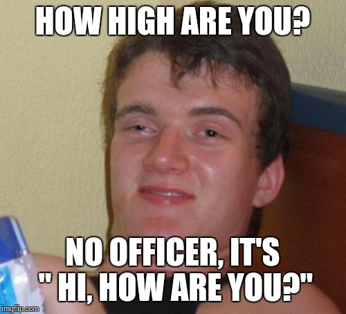 10 Guy Meme | HOW HIGH ARE YOU? NO OFFICER, IT'S " HI, HOW ARE YOU?" | image tagged in memes,10 guy | made w/ Imgflip meme maker