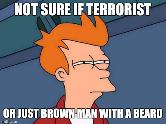 Futurama Fry Meme | NOT SURE IF TERRORIST OR JUST BROWN MAN WITH A BEARD | image tagged in memes,futurama fry | made w/ Imgflip meme maker