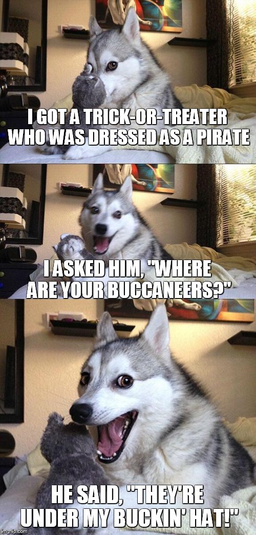 Bad Pun Dog Meme | I GOT A TRICK-OR-TREATER WHO WAS DRESSED AS A PIRATE I ASKED HIM, "WHERE ARE YOUR BUCCANEERS?" HE SAID, "THEY'RE UNDER MY BUCKIN' HAT!" | image tagged in memes,bad pun dog | made w/ Imgflip meme maker