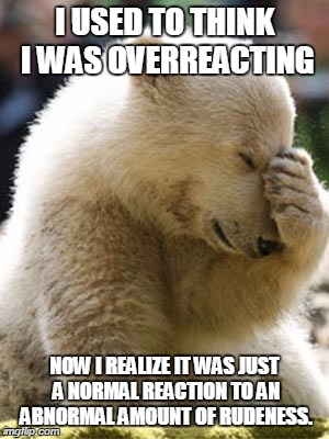 Facepalm Bear | I USED TO THINK I WAS OVERREACTING NOW I REALIZE IT WAS JUST A NORMAL REACTION TO AN ABNORMAL AMOUNT OF RUDENESS. | image tagged in memes,facepalm bear | made w/ Imgflip meme maker