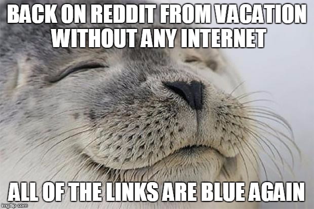 Satisfied Seal Meme | BACK ON REDDIT FROM VACATION WITHOUT ANY INTERNET ALL OF THE LINKS ARE BLUE AGAIN | image tagged in memes,satisfied seal | made w/ Imgflip meme maker