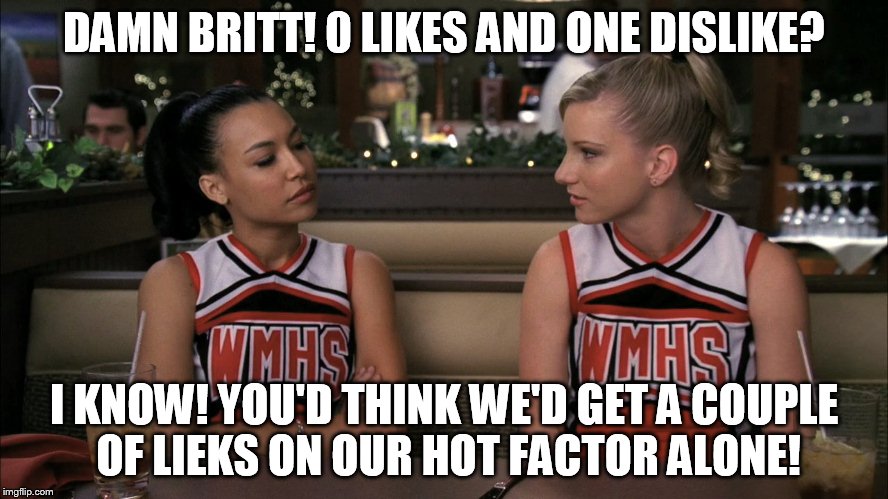 DAMN BRITT! 0 LIKES AND ONE DISLIKE? I KNOW! YOU'D THINK WE'D GET A COUPLE OF LIEKS ON OUR HOT FACTOR ALONE! | made w/ Imgflip meme maker