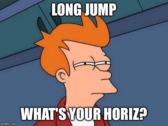 Futurama Fry Meme | LONG JUMP WHAT'S YOUR HORIZ? | image tagged in memes,futurama fry | made w/ Imgflip meme maker