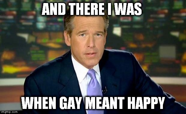 Brian Williams Was There Meme | AND THERE I WAS WHEN GAY MEANT HAPPY | image tagged in memes,brian williams was there | made w/ Imgflip meme maker