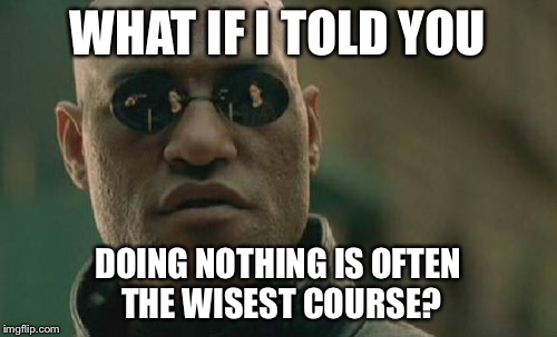 Matrix Morpheus Meme | WHAT IF I TOLD YOU DOING NOTHING IS OFTEN THE WISEST COURSE? | image tagged in memes,matrix morpheus | made w/ Imgflip meme maker