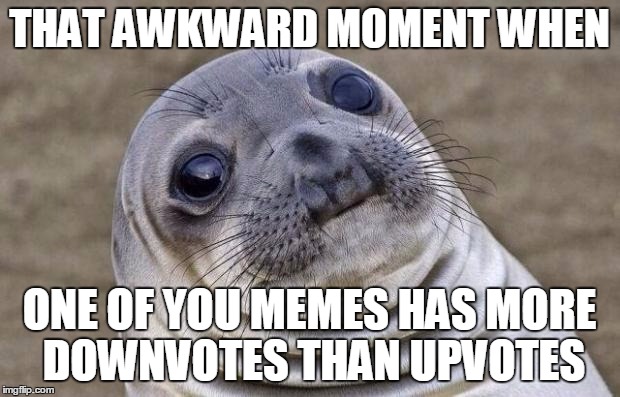 Awkward Moment Sealion | THAT AWKWARD MOMENT WHEN ONE OF YOU MEMES HAS MORE DOWNVOTES THAN UPVOTES | image tagged in memes,awkward moment sealion | made w/ Imgflip meme maker