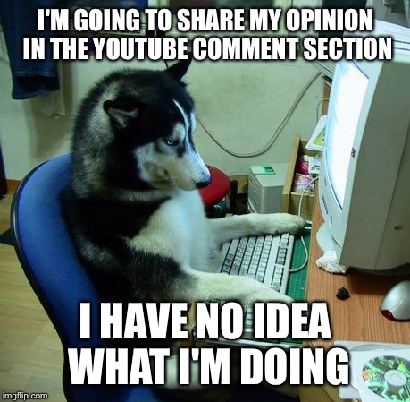 I Have No Idea What I Am Doing | I'M GOING TO SHARE MY OPINION IN THE YOUTUBE COMMENT SECTION I HAVE NO IDEA WHAT I'M DOING | image tagged in memes,i have no idea what i am doing | made w/ Imgflip meme maker