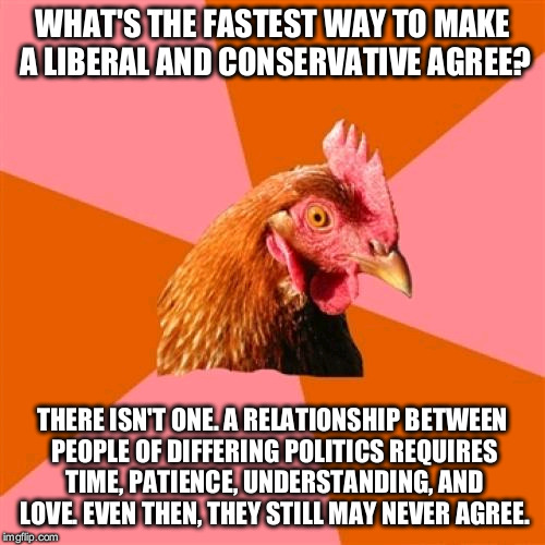 Anti Joke Chicken Meme | WHAT'S THE FASTEST WAY TO MAKE A LIBERAL AND CONSERVATIVE AGREE? THERE ISN'T ONE. A RELATIONSHIP BETWEEN PEOPLE OF DIFFERING POLITICS REQUIR | image tagged in memes,anti joke chicken | made w/ Imgflip meme maker