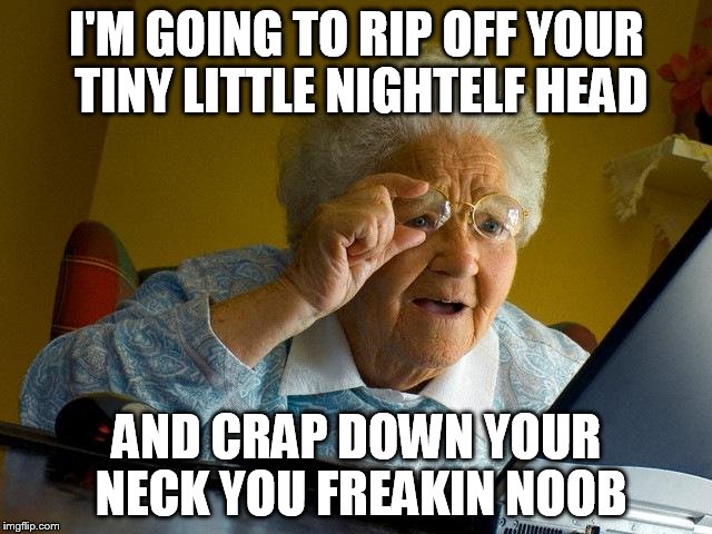 Grandma Finds The Internet Meme | I'M GOING TO RIP OFF YOUR TINY LITTLE NIGHTELF HEAD AND CRAP DOWN YOUR NECK YOU FREAKIN NOOB | image tagged in memes,grandma finds the internet | made w/ Imgflip meme maker