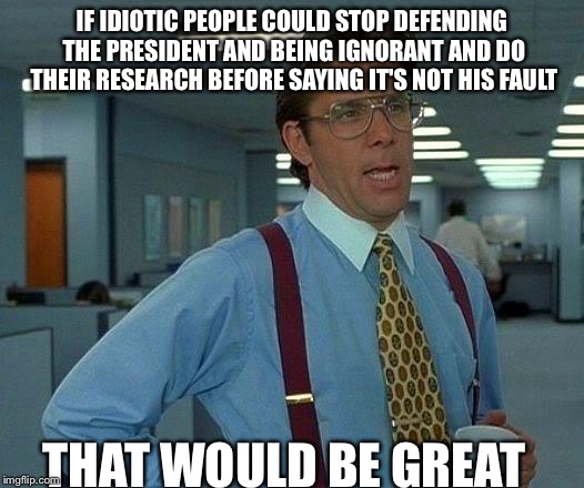 That Would Be Great Meme | IF IDIOTIC PEOPLE COULD STOP DEFENDING THE PRESIDENT AND BEING IGNORANT AND DO THEIR RESEARCH BEFORE SAYING IT'S NOT HIS FAULT THAT WOULD BE | image tagged in memes,that would be great | made w/ Imgflip meme maker