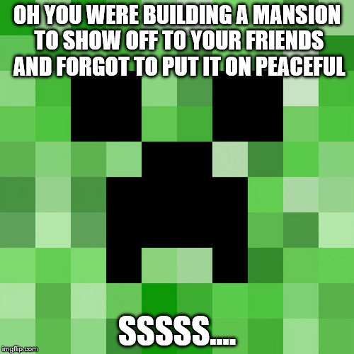 Scumbag Minecraft | OH YOU WERE BUILDING A MANSION TO SHOW OFF TO YOUR FRIENDS AND FORGOT TO PUT IT ON PEACEFUL SSSSS.... | image tagged in memes,scumbag minecraft | made w/ Imgflip meme maker