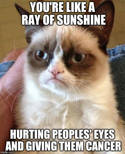 Grumpy Cat Meme | YOU'RE LIKE A RAY OF SUNSHINE HURTING PEOPLES' EYES AND GIVING THEM CANCER | image tagged in memes,grumpy cat | made w/ Imgflip meme maker