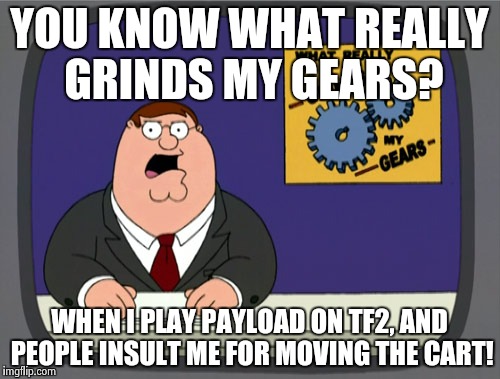 It's the point of the game people! If you just want to kill each other, play arena mode! | YOU KNOW WHAT REALLY GRINDS MY GEARS? WHEN I PLAY PAYLOAD ON TF2, AND PEOPLE INSULT ME FOR MOVING THE CART! | image tagged in memes,peter griffin news | made w/ Imgflip meme maker