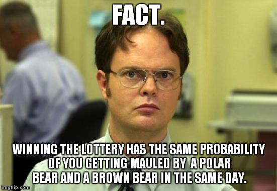 Dwight Schrute Meme | FACT. WINNING THE LOTTERY HAS THE SAME PROBABILITY OF YOU GETTING MAULED BY  A POLAR BEAR AND A BROWN BEAR IN THE SAME DAY. | image tagged in memes,dwight schrute | made w/ Imgflip meme maker