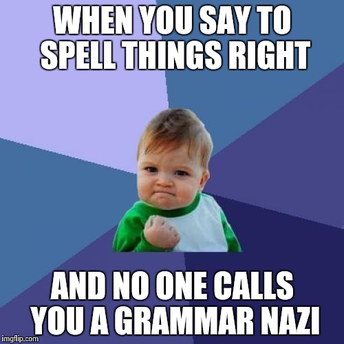 Success Kid Meme | WHEN YOU SAY TO SPELL THINGS RIGHT AND NO ONE CALLS YOU A GRAMMAR NAZI | image tagged in memes,success kid | made w/ Imgflip meme maker