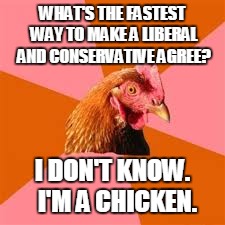WHAT'S THE FASTEST WAY TO MAKE A LIBERAL AND CONSERVATIVE AGREE? I DON'T KNOW.  I'M A CHICKEN. | made w/ Imgflip meme maker