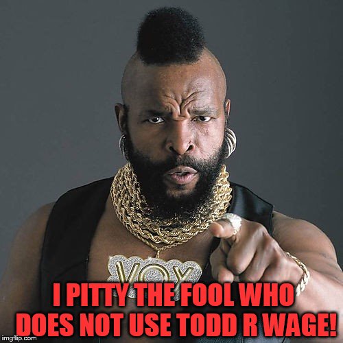 Mr T Pity The Fool | I PITTY THE FOOL WHO DOES NOT USE
TODD R WAGE! | image tagged in memes,mr t pity the fool | made w/ Imgflip meme maker