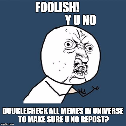 Y U No Meme | FOOLISH!                      Y U NO DOUBLECHECK ALL MEMES IN UNIVERSE TO MAKE SURE U NO REPOST? | image tagged in memes,y u no | made w/ Imgflip meme maker