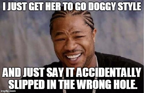 Yo Dawg Heard You Meme | I JUST GET HER TO GO DOGGY STYLE AND JUST SAY IT ACCIDENTALLY SLIPPED IN THE WRONG HOLE. | image tagged in memes,yo dawg heard you | made w/ Imgflip meme maker