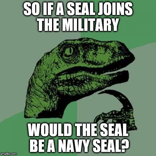 Philosoraptor Meme | SO IF A SEAL JOINS THE MILITARY WOULD THE SEAL BE A NAVY SEAL? | image tagged in memes,philosoraptor | made w/ Imgflip meme maker