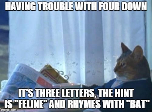 Crossword Kitty | HAVING TROUBLE WITH FOUR DOWN IT'S THREE LETTERS, THE HINT IS "FELINE" AND RHYMES WITH "BAT" | image tagged in memes,i should buy a boat cat,puzzle | made w/ Imgflip meme maker