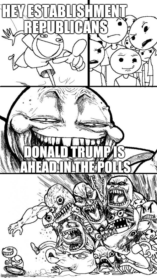 I'm not a Trump guy, but I do love watching the career politicians freak out.  | HEY ESTABLISHMENT REPUBLICANS DONALD TRUMP IS AHEAD IN THE POLLS | image tagged in memes,hey internet | made w/ Imgflip meme maker