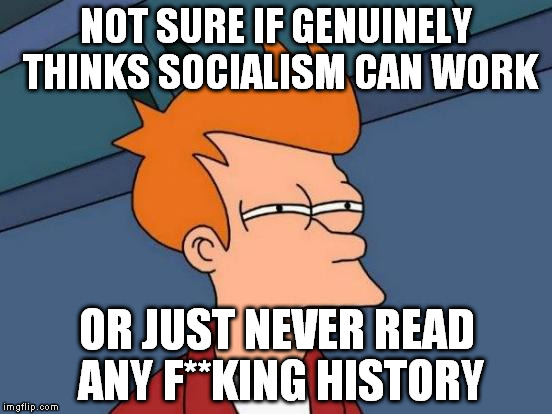 Futurama Fry | NOT SURE IF GENUINELY THINKS SOCIALISM CAN WORK OR JUST NEVER READ ANY F**KING HISTORY | image tagged in memes,futurama fry | made w/ Imgflip meme maker