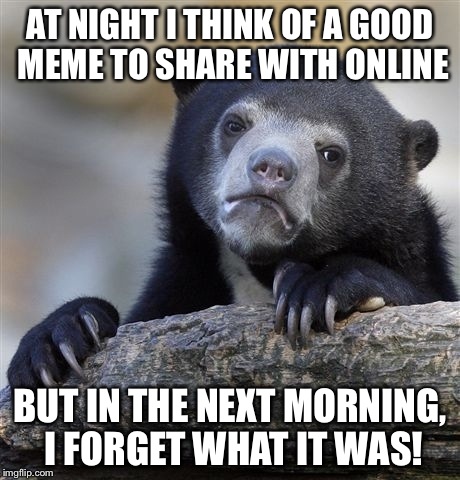 Please tell me I'm not the only one who says that this happen to me many times. | AT NIGHT I THINK OF A GOOD MEME TO SHARE WITH ONLINE BUT IN THE NEXT MORNING, I FORGET WHAT IT WAS! | image tagged in memes,confession bear | made w/ Imgflip meme maker