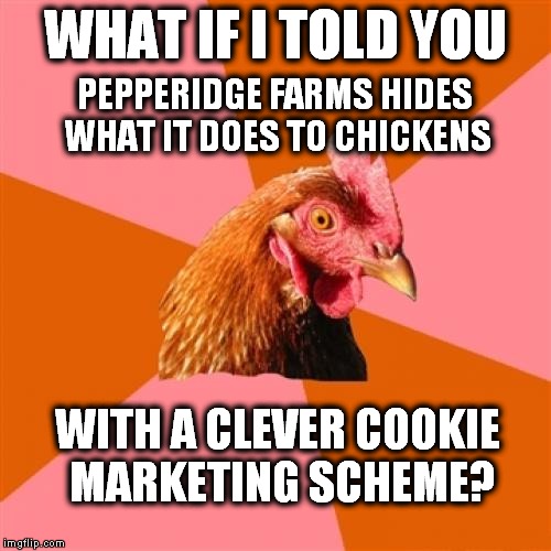What if I said bok? | WHAT IF I TOLD YOU WITH A CLEVER COOKIE MARKETING SCHEME? PEPPERIDGE FARMS HIDES WHAT IT DOES TO CHICKENS | image tagged in memes,anti joke chicken,pepperidge farm remembers,the matrix | made w/ Imgflip meme maker