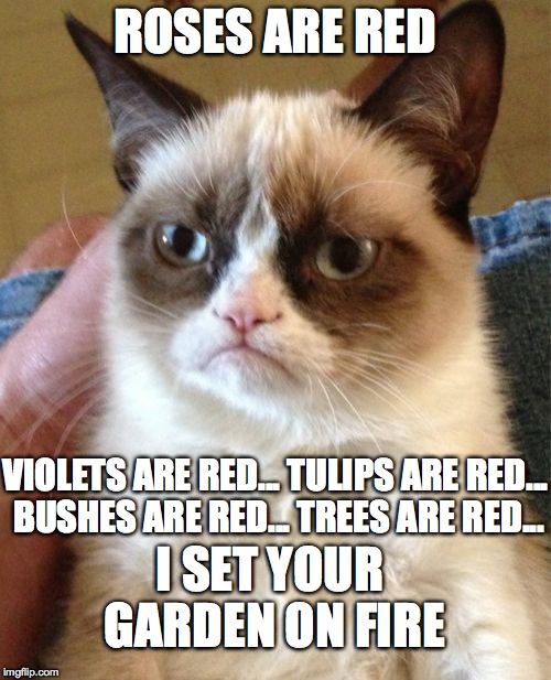 Grumpy Cat Meme | ROSES ARE RED VIOLETS ARE RED... TULIPS ARE RED... BUSHES ARE RED... TREES ARE RED... I SET YOUR GARDEN ON FIRE | image tagged in memes,grumpy cat | made w/ Imgflip meme maker