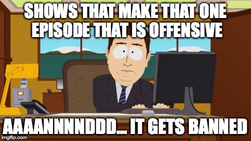 Aaaaand Its Gone | SHOWS THAT MAKE THAT ONE EPISODE THAT IS OFFENSIVE AAAANNNNDDD... IT GETS BANNED | image tagged in memes,aaaaand its gone | made w/ Imgflip meme maker