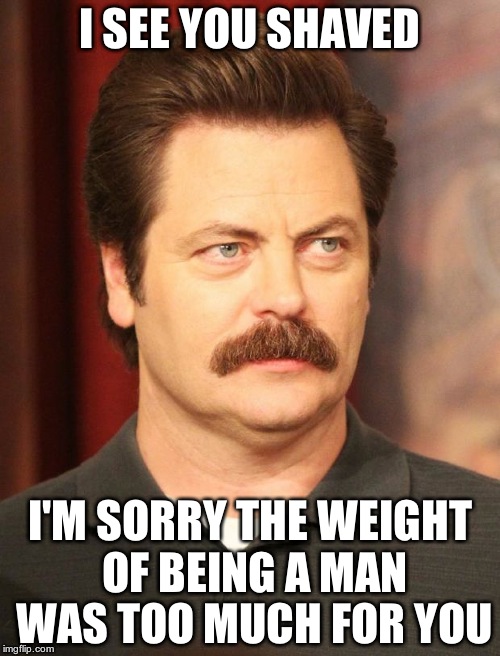 Ron Swanson | I SEE YOU SHAVED I'M SORRY THE WEIGHT OF BEING A MAN WAS TOO MUCH FOR YOU | image tagged in ron swanson | made w/ Imgflip meme maker