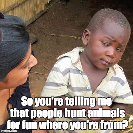 Third World Skeptical Kid | So you're telling me that people hunt animals for fun where you're from? | image tagged in memes,third world skeptical kid | made w/ Imgflip meme maker