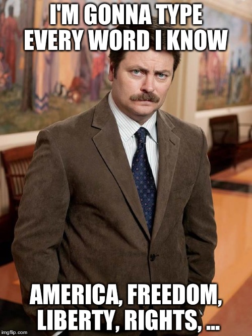 ron swanson | I'M GONNA TYPE EVERY WORD I KNOW AMERICA, FREEDOM, LIBERTY, RIGHTS, ... | image tagged in ron swanson | made w/ Imgflip meme maker