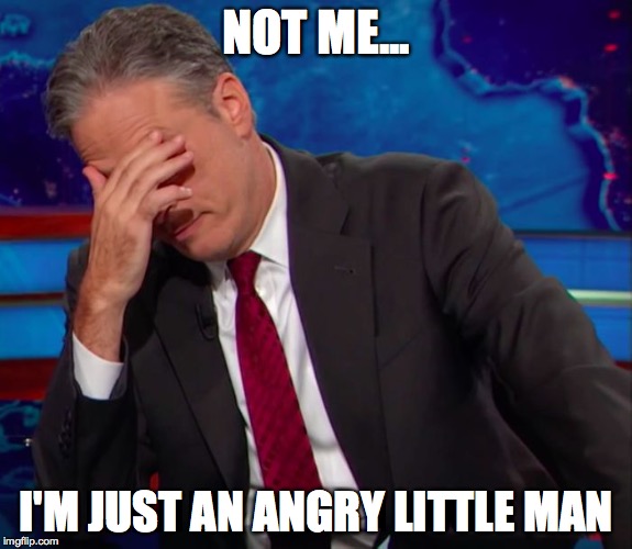Jon Stewart Face-palm | NOT ME... I'M JUST AN ANGRY LITTLE MAN | image tagged in jon stewart face-palm | made w/ Imgflip meme maker