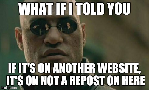 Matrix Morpheus | WHAT IF I TOLD YOU IF IT'S ON ANOTHER WEBSITE, IT'S ON NOT A REPOST ON HERE | image tagged in memes,matrix morpheus | made w/ Imgflip meme maker