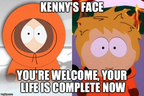 KENNY'S FACE YOU'RE WELCOME, YOUR LIFE IS COMPLETE NOW | image tagged in south park | made w/ Imgflip meme maker