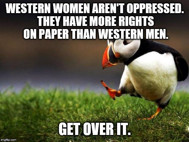 If You Could Get Over Not Being Oppressed, That'd Be Great. | WESTERN WOMEN AREN'T OPPRESSED. THEY HAVE MORE RIGHTS ON PAPER THAN WESTERN MEN. GET OVER IT. | image tagged in memes,unpopular opinion puffin | made w/ Imgflip meme maker