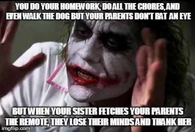Everyone loses their minds | YOU DO YOUR HOMEWORK, DO ALL THE CHORES, AND EVEN WALK THE DOG BUT YOUR PARENTS DON'T BAT  AN EYE BUT WHEN YOUR SISTER FETCHES YOUR PARENTS  | image tagged in everyone loses their minds | made w/ Imgflip meme maker
