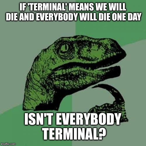 Philosoraptor | IF 'TERMINAL' MEANS WE WILL DIE AND EVERYBODY WILL DIE ONE DAY ISN'T EVERYBODY TERMINAL? | image tagged in memes,philosoraptor | made w/ Imgflip meme maker
