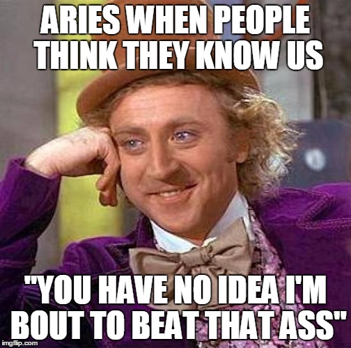 Creepy Condescending Wonka Meme | ARIES WHEN PEOPLE THINK THEY KNOW US "YOU HAVE NO IDEA I'M BOUT TO BEAT THAT ASS" | image tagged in memes,creepy condescending wonka | made w/ Imgflip meme maker