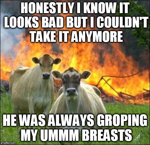 Evil Cows | HONESTLY I KNOW IT LOOKS BAD BUT I COULDN'T TAKE IT ANYMORE HE WAS ALWAYS GROPING MY UMMM BREASTS | image tagged in memes,evil cows | made w/ Imgflip meme maker