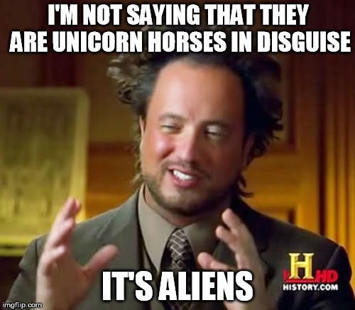 Ancient Aliens Meme | I'M NOT SAYING THAT THEY ARE UNICORN HORSES IN DISGUISE IT'S ALIENS | image tagged in memes,ancient aliens | made w/ Imgflip meme maker
